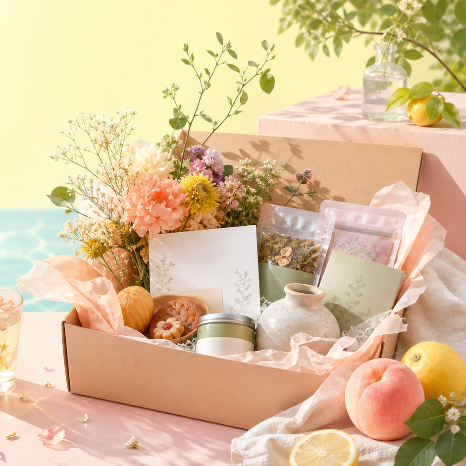 季節の花やお菓子を詰めたKISETSU BOX