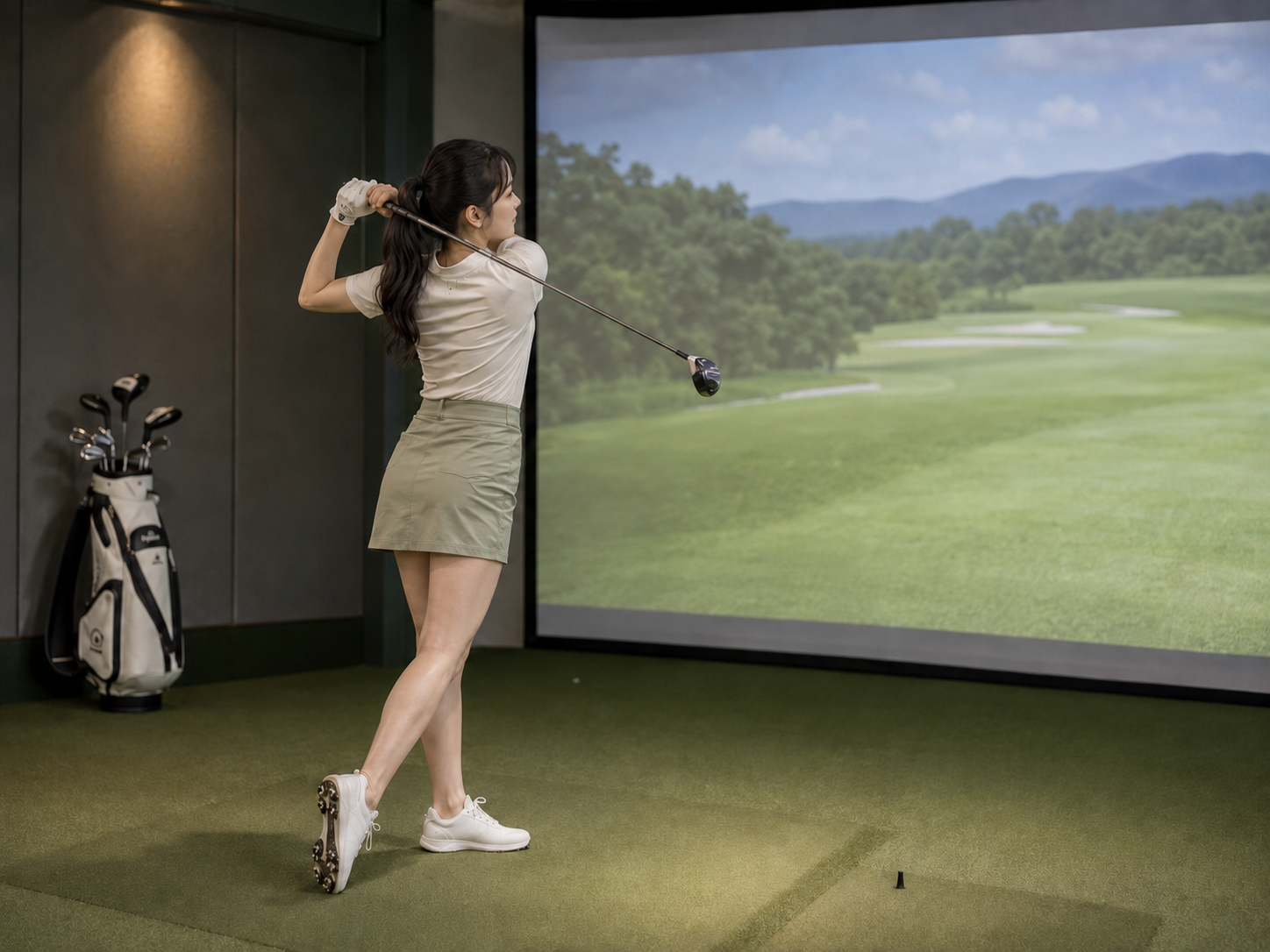 シミュレーションゴルフでスイングする女性